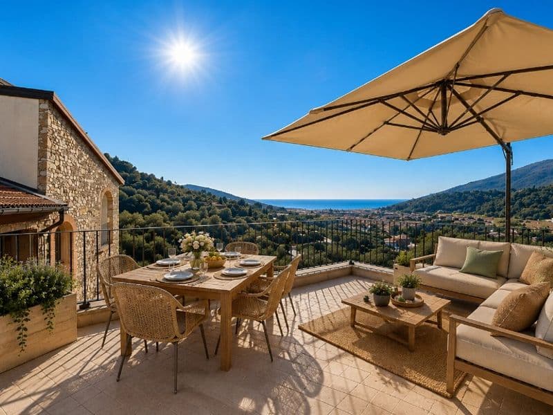 Borgo Agosti ad Andora — Terrazza con zona pranzo e lounge arredate, ombrellone e vista panoramica su valle e mare