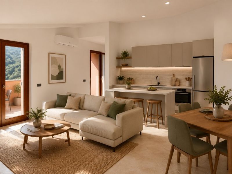 Borgo Agosti ad Andora — Open space con cucina moderna, isola e balcone con vista sulle colline boscose