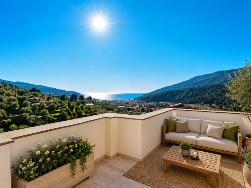 Borgo Agosti ad Andora — Terrazza privata con divano da esterno, piante in vaso e vista sul mare