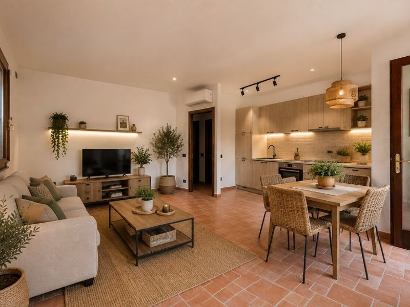 I Borghi a Boissano — Open space con divano chiaro, cucina lineare in legno e tavolo da pranzo con sedie in rattan
