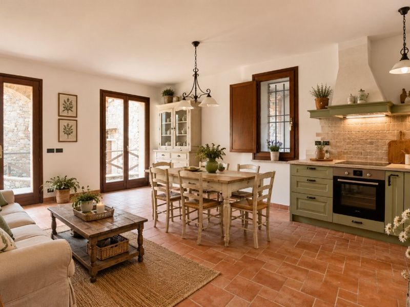 I Borghi a Boissano — Open space rustico con cucina verde salvia, tavolo in legno, credenza e pavimento in cotto