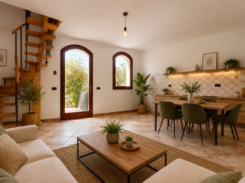 I Borghi a Boissano — Soggiorno open space con scala in legno, porte ad arco e zona pranzo con sedute verde oliva