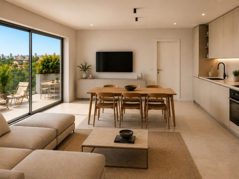 Palazzo Stella a Loano — Soggiorno open space con cucina lineare, zona pranzo in legno e terrazzo arredato affacciato sulle colline