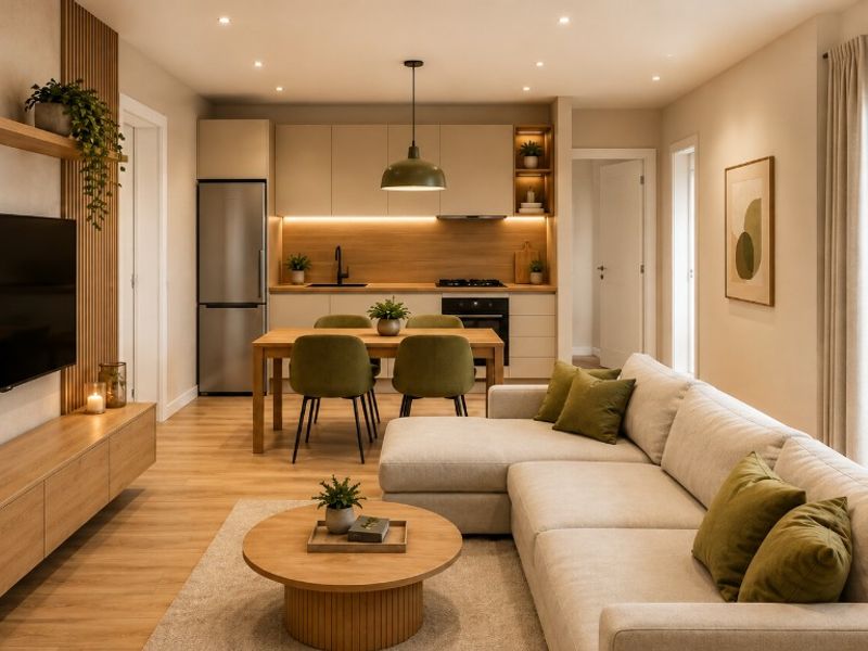 Palazzo Stella a Loano — Soggiorno open space con divano beige, sedute verde oliva, cucina in legno e vetrata sul terrazzo