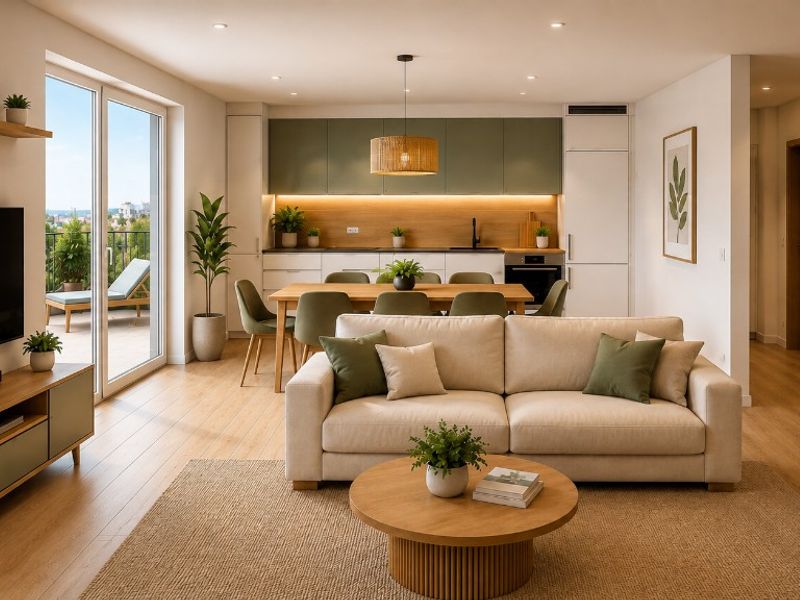 Palazzo Stella a Loano — Open space con arredi verde salvia, cucina a vista e terrazzo con poltrona e piante